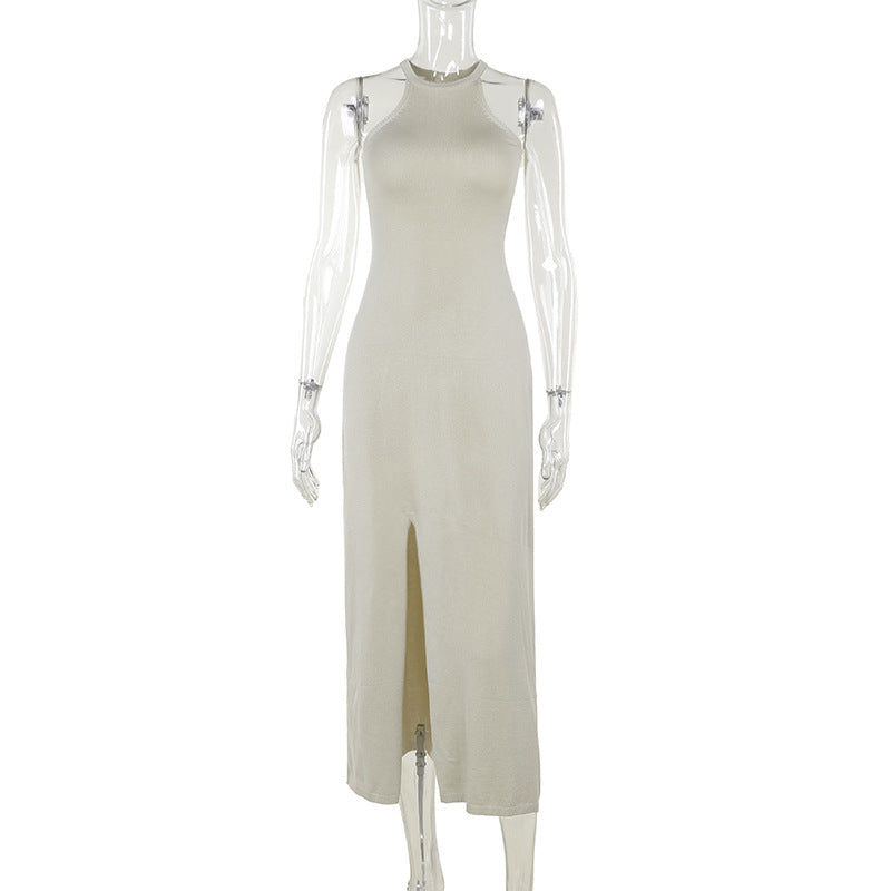 Robe trapèze fendue en laine pour femme