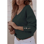 Solid Color Button Long Sleeve V-neck T-shirt Women