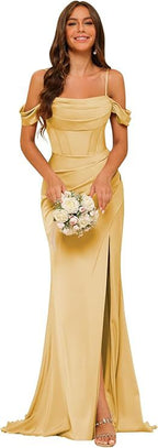 Robe de bal corset en satin épaules dénudées pour demoiselle d'honneur