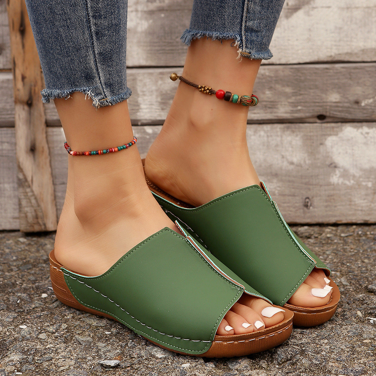 Sandales compensées unies à la mode, sandales d'été décontractées à bout ouvert, chaussons d'extérieur à semelle épaisse rehaussantes, chaussures pour femmes