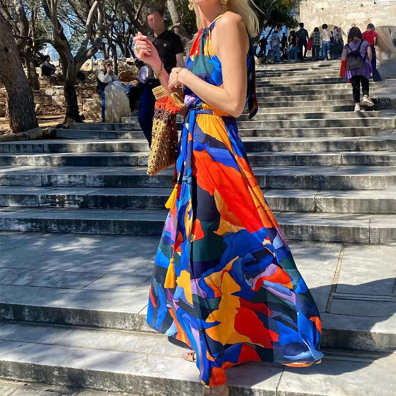 Nouvelle robe bohème imprimée dos nu pour femme