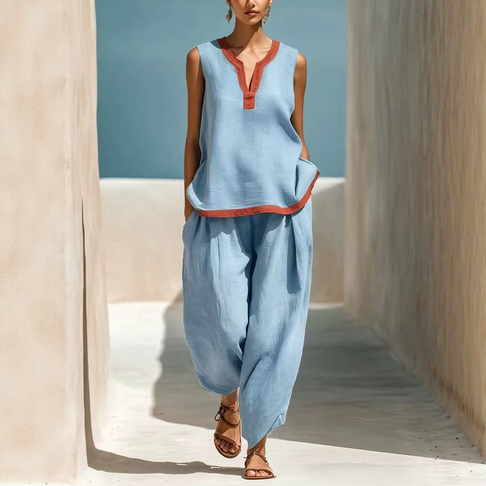 Ensemble Femme Chic en Coton-Lin Deux Pièces Pantalon Large et Haut Color-Block Contraste pour l'Été