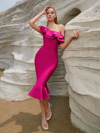 Robe de soirée élégante à volants et épaules dénudées style européen et américain