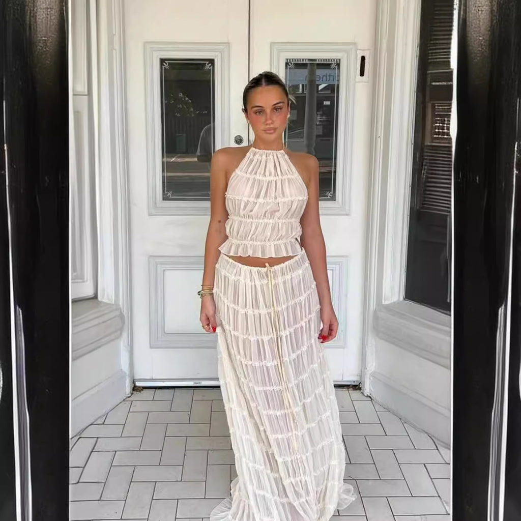 Robe plissée dos nu à lacets et gilet en dentelle