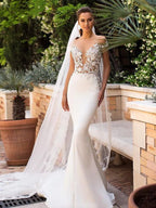 Robe de mariée sirène creuse à col profond pour femme