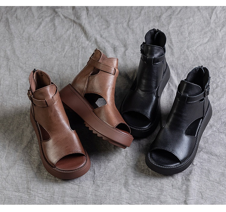 Été Nouveauté Rétro Sandales Vides Derrière Peep Toe En Cuir De Vachette Pour Femmes