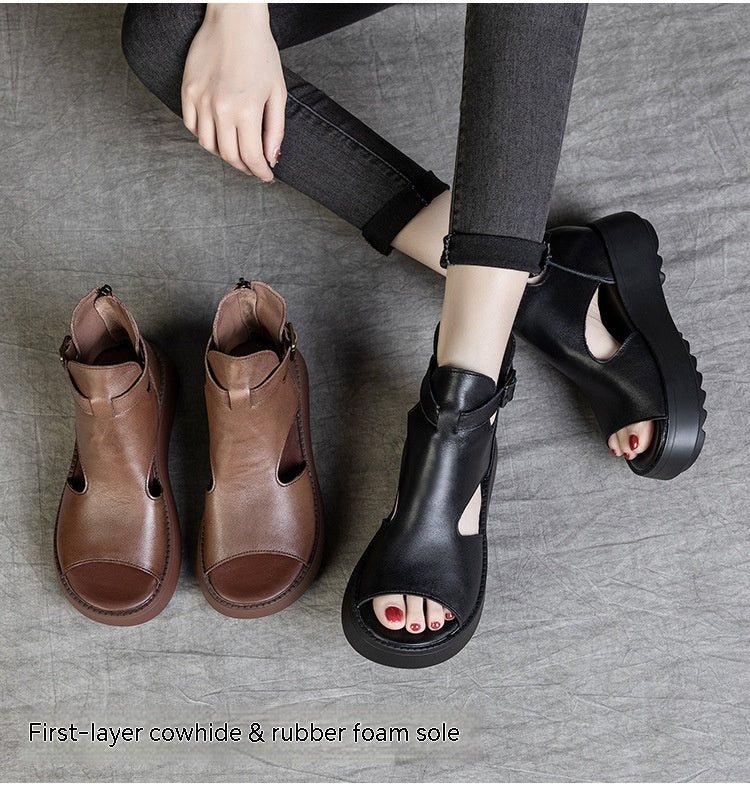 Été Nouveauté Rétro Sandales Vides Derrière Peep Toe En Cuir De Vachette Pour Femmes