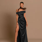 Élégante robe longue fendue en satin à épaules dénudées, robe de soirée de mariage extra longue, robe de soirée de Noël, robe de demoiselle d'honneur