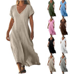Robe ample unie en coton et lin à col en V