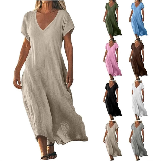 Robe ample unie en coton et lin à col en V Main Image