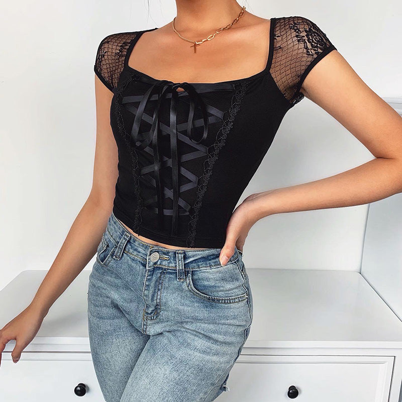 T-shirt sexy à bretelles et laçage pour femme