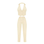 Ensemble deux-pièces gilet dos nu à col asymétrique et pantalon décontracté pour femme