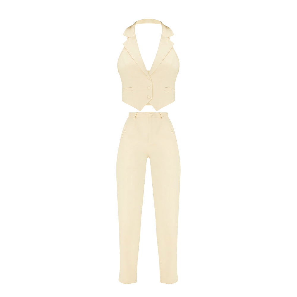 Ensemble deux-pièces gilet dos nu à col asymétrique et pantalon décontracté pour femme