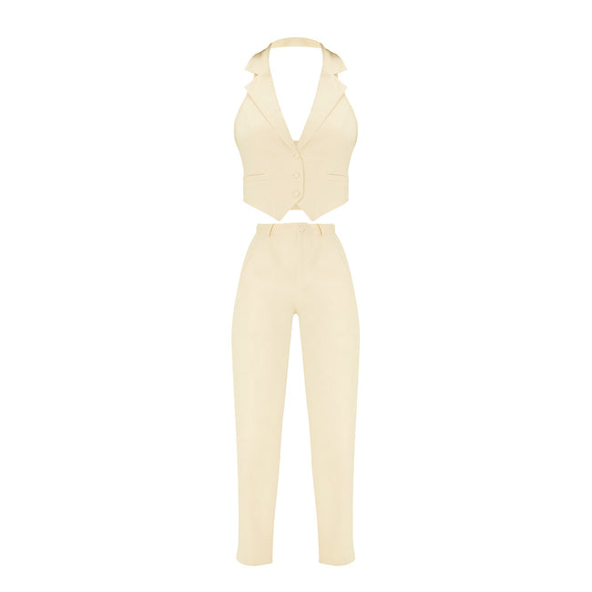 Ensemble deux-pièces gilet dos nu à col asymétrique et pantalon décontracté pour femme Main Image