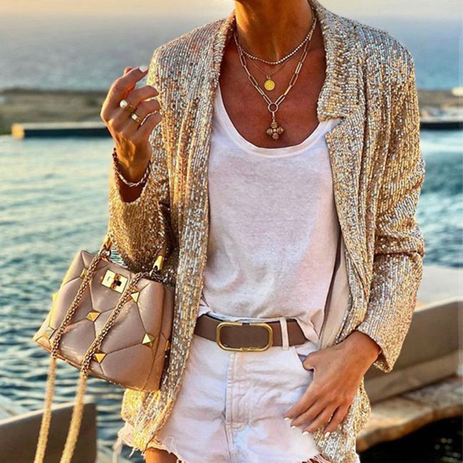 Blazer pour femme, ajusté, à sequins, manches longues, automne-hiver Hover Image