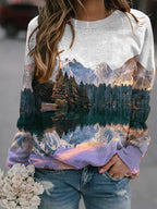 Haut de T-shirt à manches longues à imprimé paysage pour femme, populaire