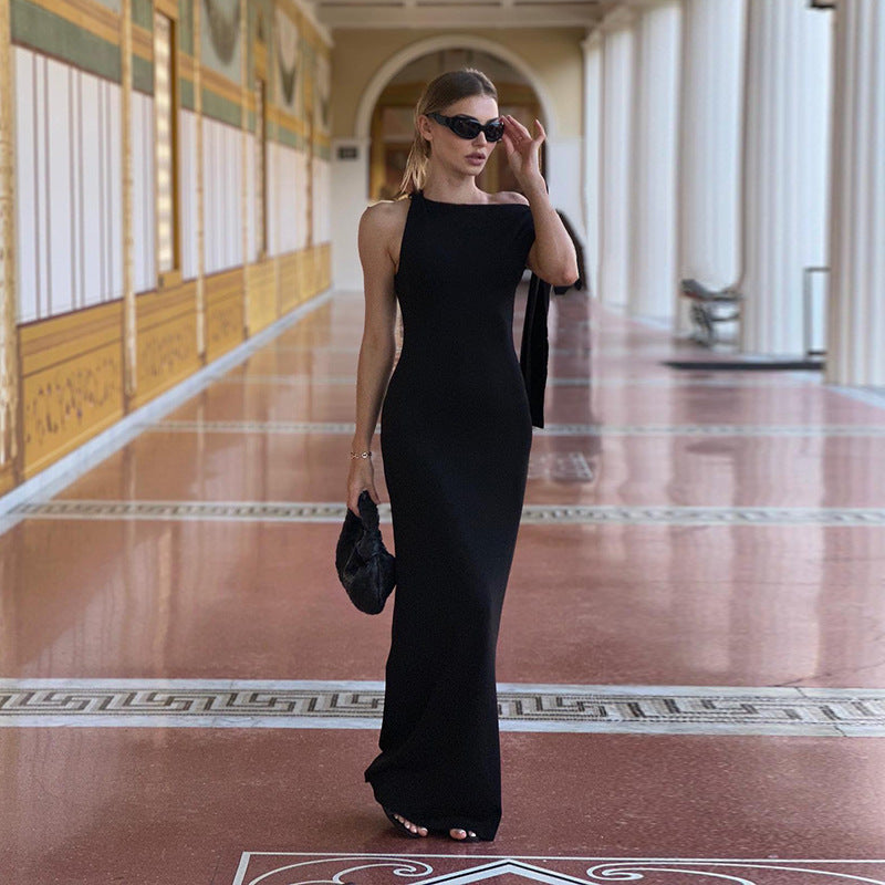 Robe longue à ruban asymétrique Ins, robe sans manches moulante pour soirée et club pour femmes