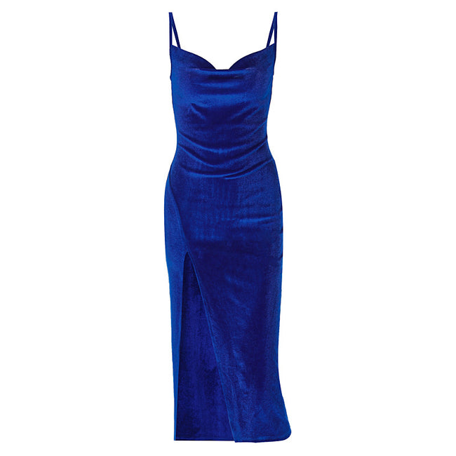 Nouvelle Robe de Soirée Féminine Sexy en Velours Slim Fendue à Bretelles Main Image