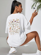 T-shirts décontractés en coton imprimés grappes de fleurs pour femmes