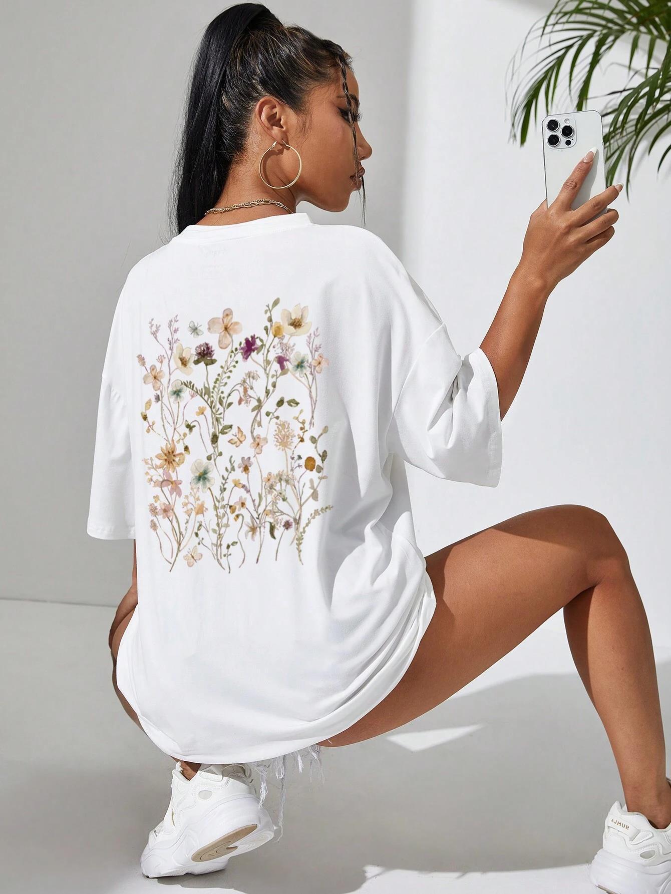 T-shirts décontractés en coton imprimés grappes de fleurs pour femmes