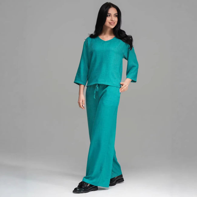 Ensemble deux pièces décontracté pour femme, couleur unie à la mode, manches courtes amples, pantalon large. Main Image