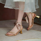 Fashion French Pearl Strap Leather Thick Heel Sandals Women