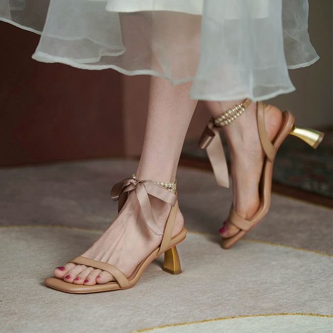 Sandales Femme à Talons Épais en Cuir avec Bride Perles et Style Français Main Image