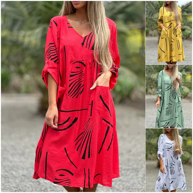 Robe décontractée ample à manches longues et col en V imprimée, vêtements pour femmes Hover Image