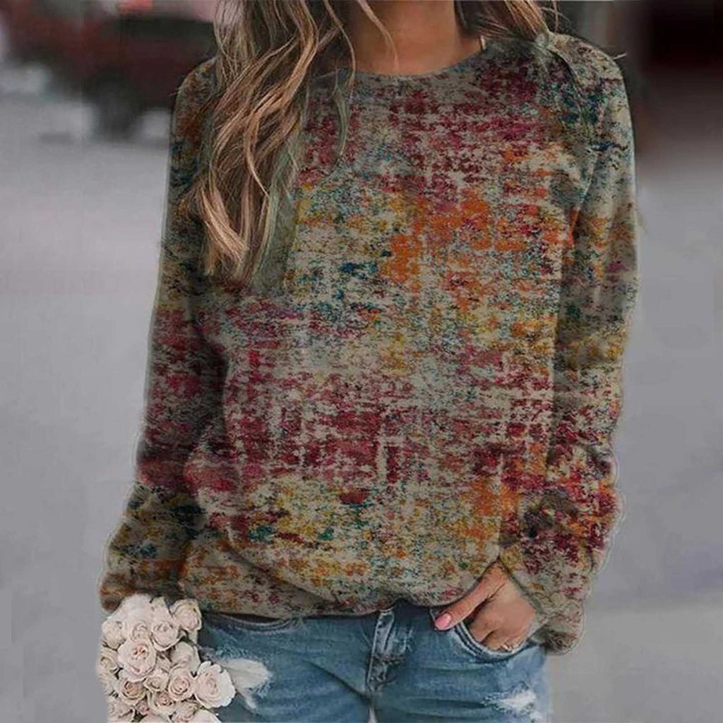 Sweat-shirts décontractés à imprimé pour femmes, t-shirts thermiques à col rond et manches longues, haut court ample, poleras de mujer style bohème et indépendant