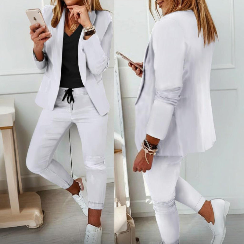 Ensemble tailleur à manches longues de couleur unie pour femme - Blazer élégant à revers cranté avec poches et pantalon à taille élastique, tenue décontractée chic pour le printemps et l'automne