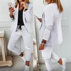 Ensemble tailleur à manches longues de couleur unie pour femme - Blazer élégant à revers cranté avec poches et pantalon à taille élastique, tenue décontractée chic pour le printemps et l'automne