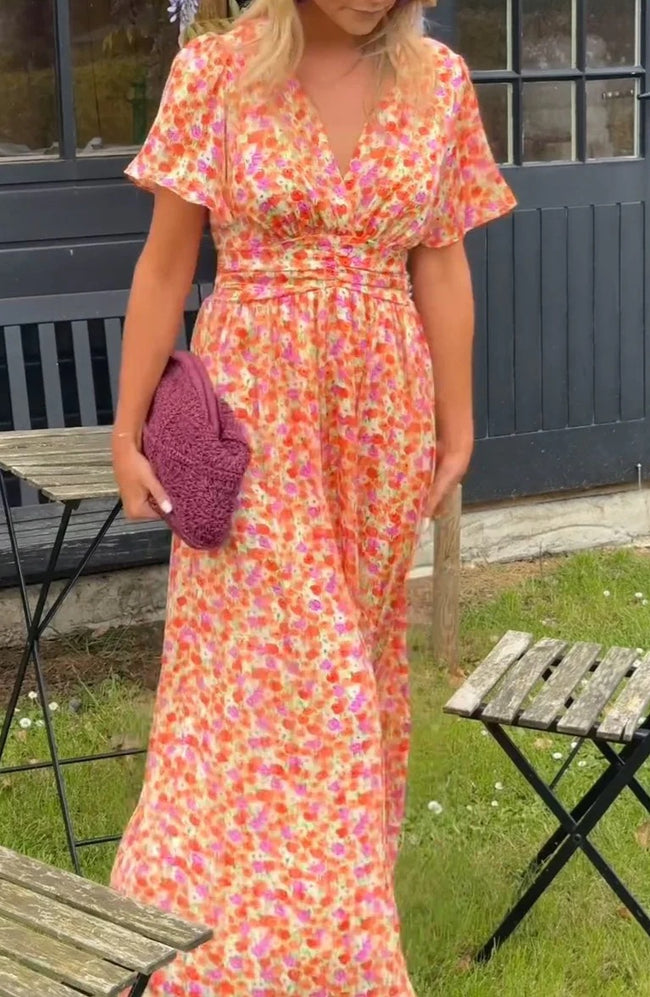 Robe imprimée à col en V, taille ajustée Main Image