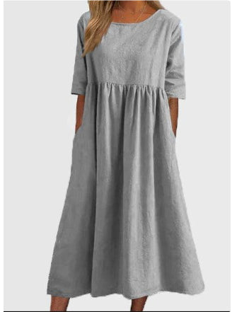 Robe décontractée en coton et lin à manches courtes et poches pour femme