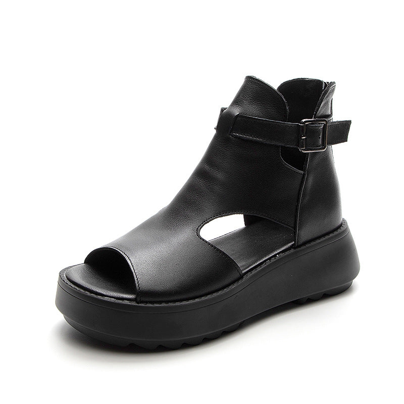 Été Nouveauté Rétro Sandales Vides Derrière Peep Toe En Cuir De Vachette Pour Femmes