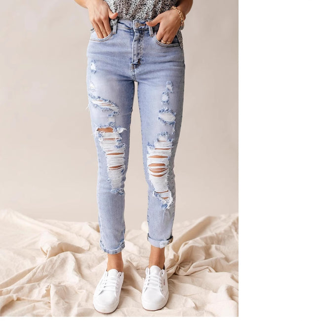 Jeans Femme Taille Haute Trous Mode Décontractée Printemps Été Européen Et Américain Main Image