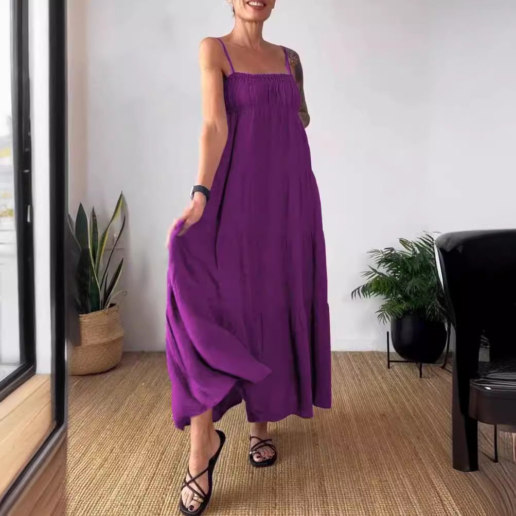 Robe plissée à bretelles et bustier unie décontractée pour femme