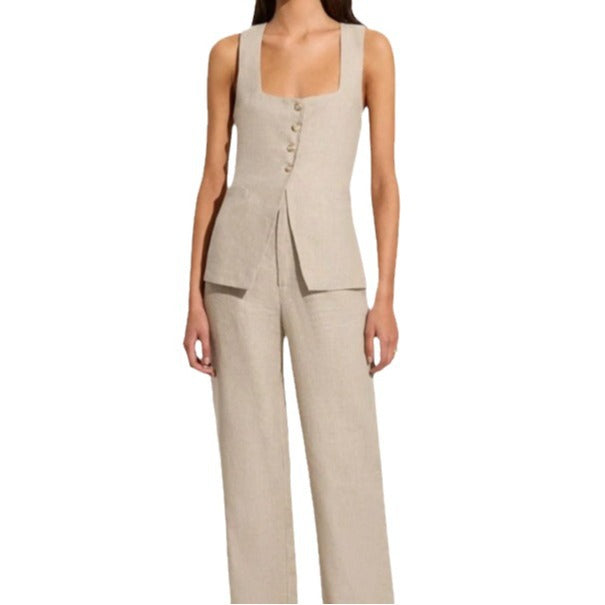 Ensemble deux pièces gilet sans manches et pantalon, col carré, en coton