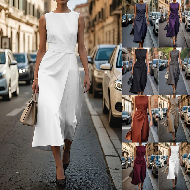 Robe d'été irrégulière sans manches avec ceinture, robe ajustée et élégante avec fermeture éclair au dos pour femmes. Hover Image