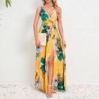 Robe longue sans manches col en V imprimé floral mode d'été avec ceinture et fente pour femme