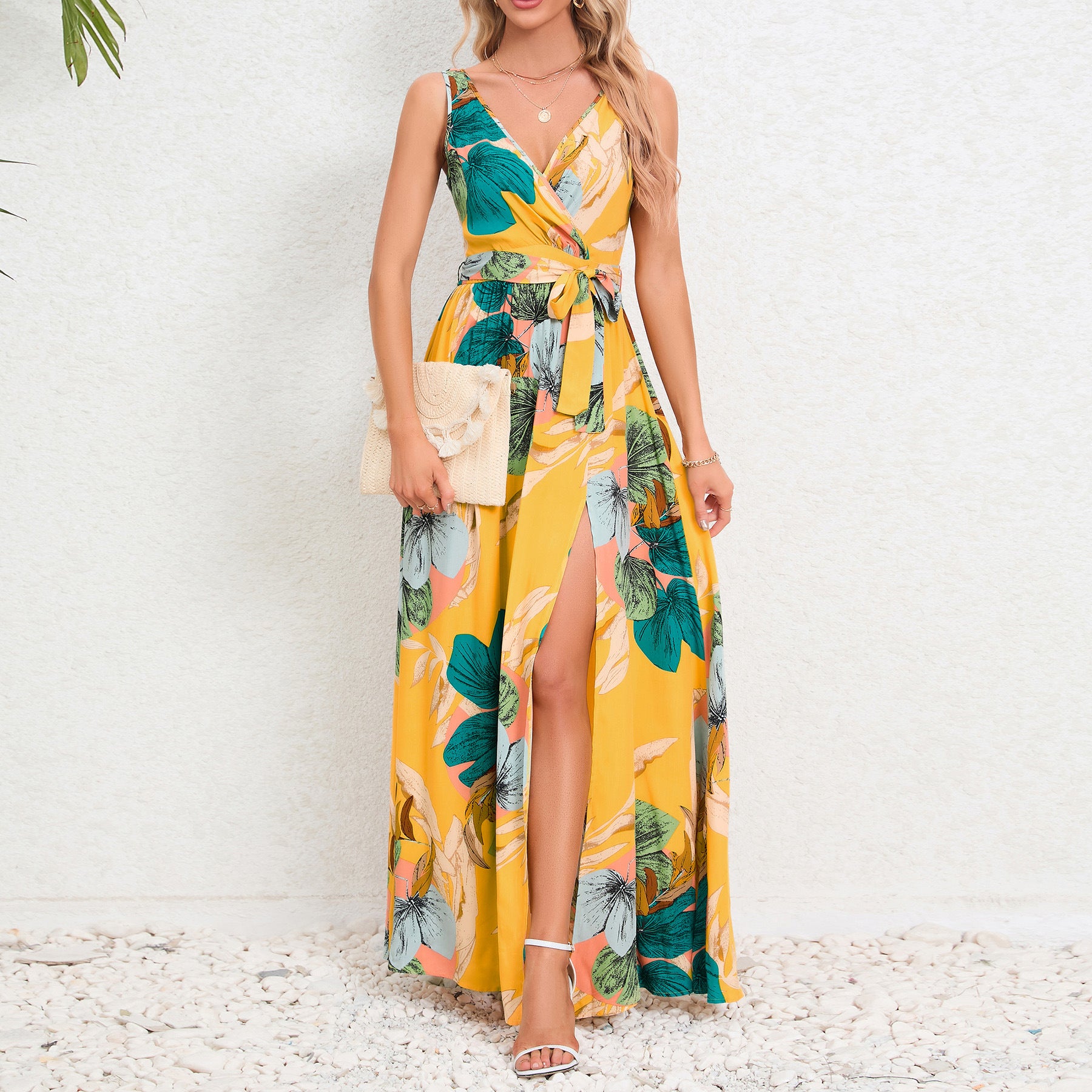 Robe longue sans manches col en V imprimé floral mode d'été avec ceinture et fente pour femme