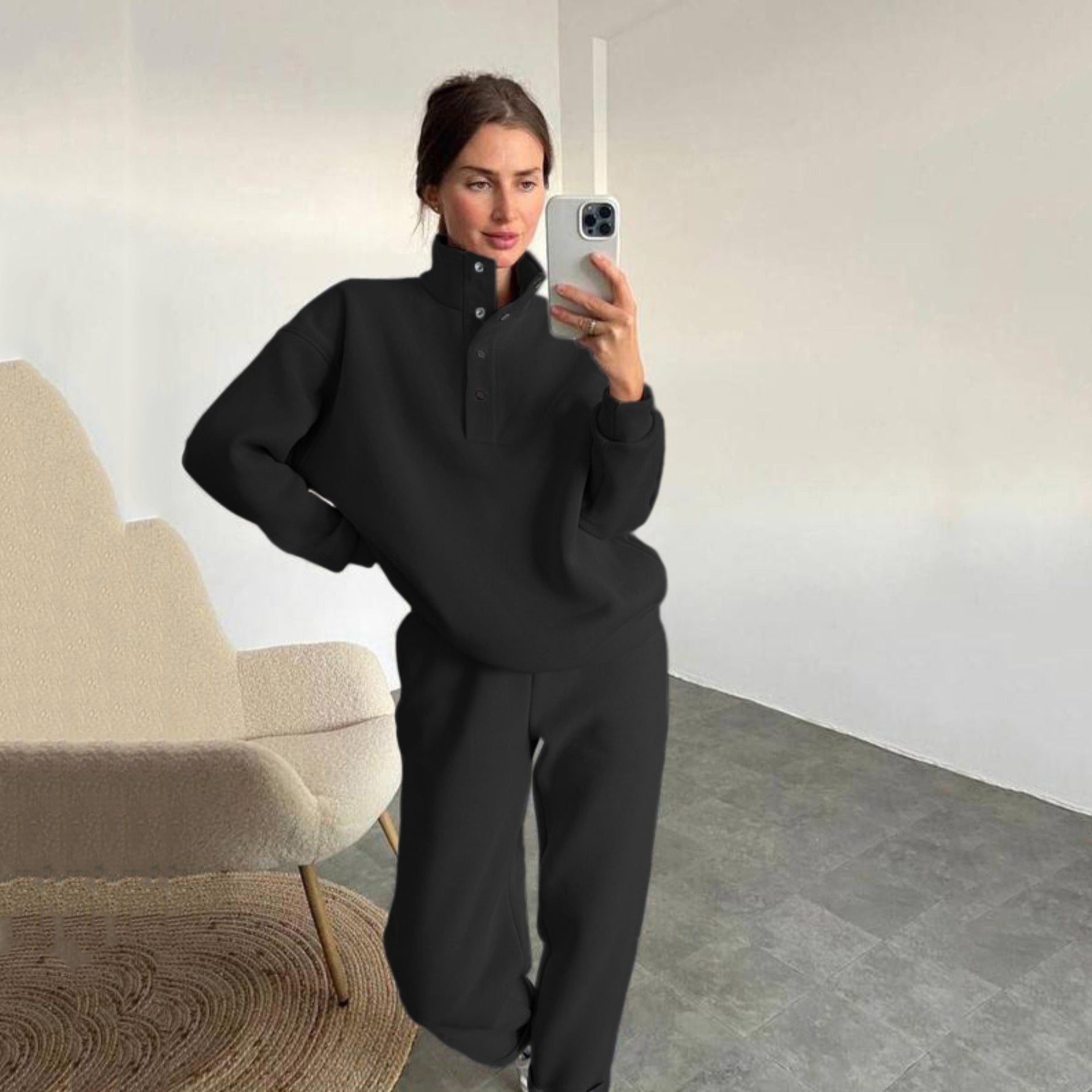 Ensemble deux pièces tailleur à col montant boutonné pour femmes