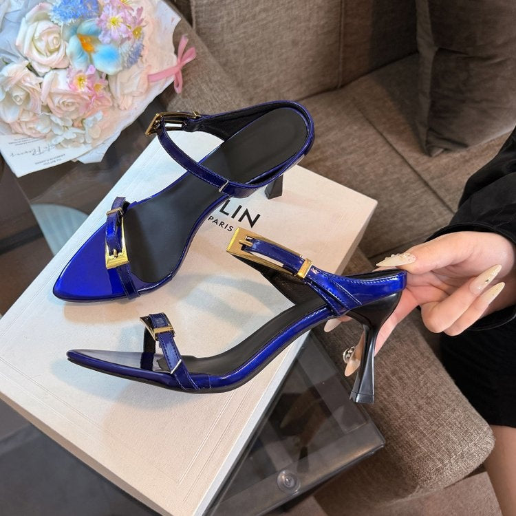 Sandales à talons aiguilles pointues et à boucle en métal de style français pour femmes