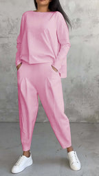 Ensemble tailleur irrégulier femme - Haut à manches longues et col rond et pantalon sarouel ample avec poches - Vêtements pour femmes style Ins