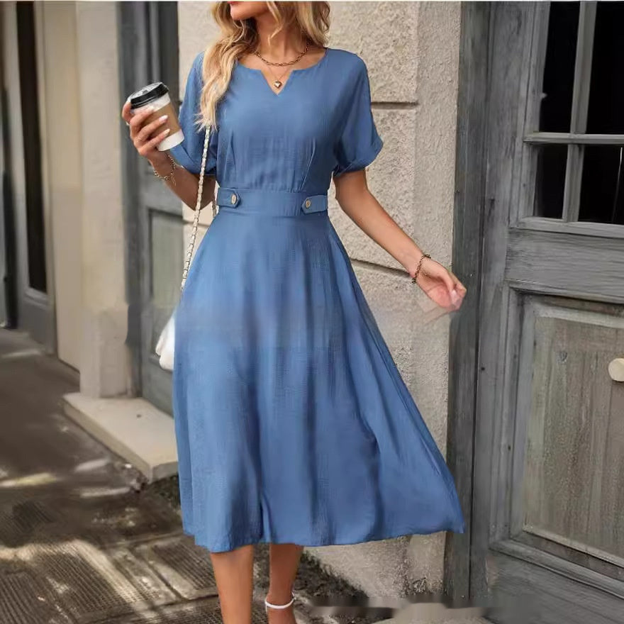 Robe à manches courtes et taille élastique pour femmes