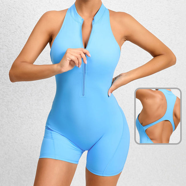 Combinaison de sport sans manches pour femme avec fermeture éclair, contrôle du ventre, extensible, galbante et rehausseur de fesses Hover Image