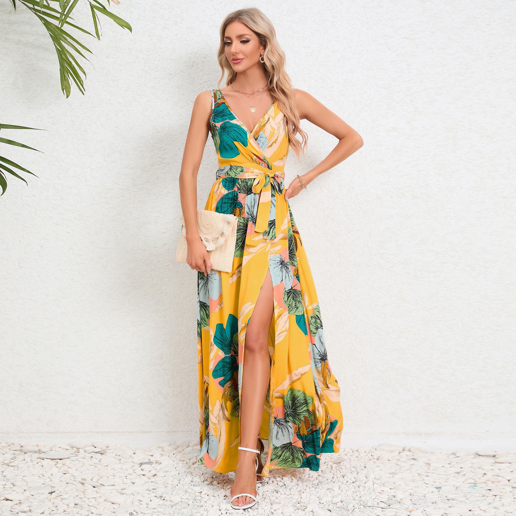 Robe longue sans manches col en V imprimé floral mode d'été avec ceinture et fente pour femme