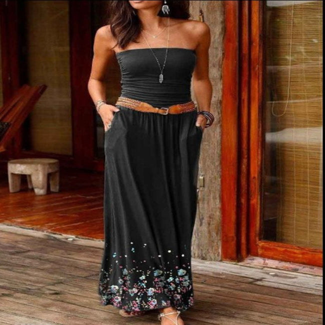Robe longue bustier sans col amincissante imprimé floral sans ceinture Main Image