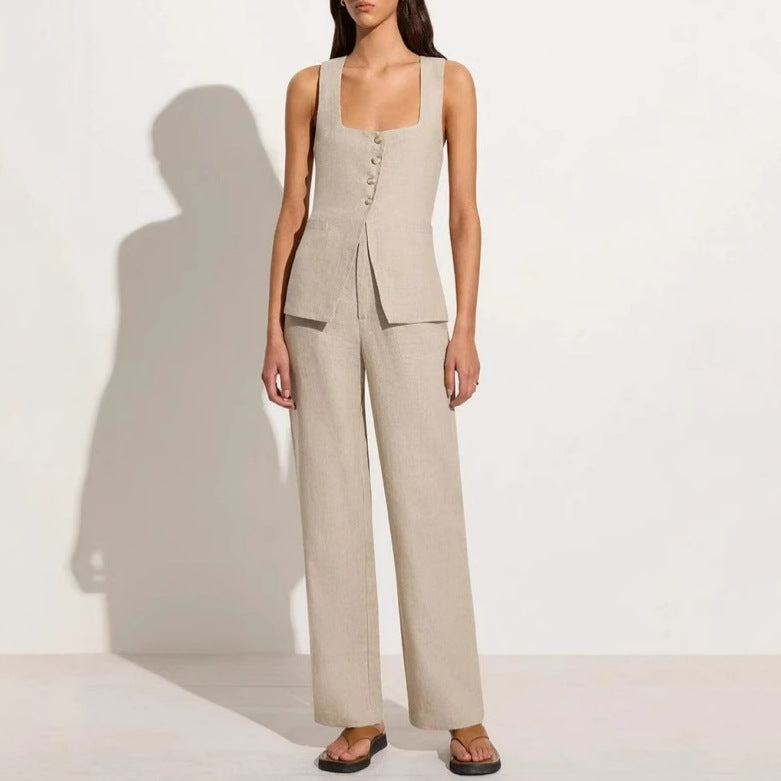 Ensemble deux pièces gilet sans manches et pantalon, col carré, en coton