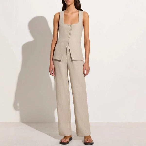 Ensemble deux pièces gilet sans manches et pantalon, col carré, en coton