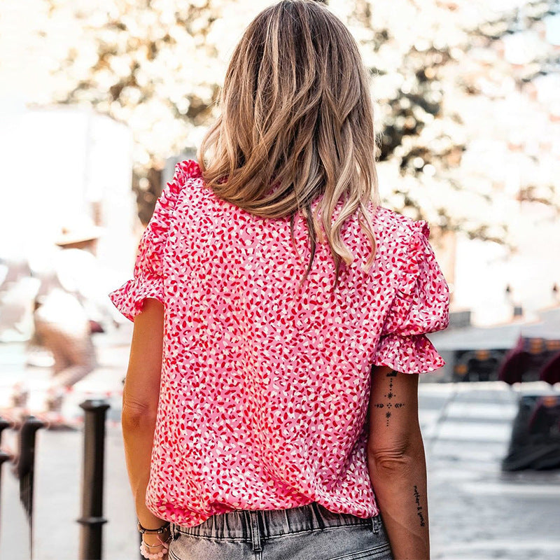 Chemise Imprimée Slim Femme Volants Col V Plongeant Femme